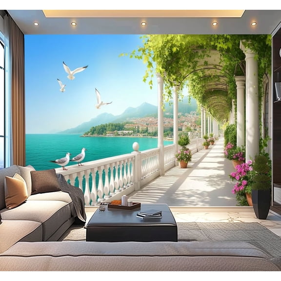Peel and Stick Wallpaper Flower Corridor Seaside Town 3D Mural Self Adhesive Removable Peel Modern Art Wall Mural Decor Self Adhesive and Removable 100in x 144in