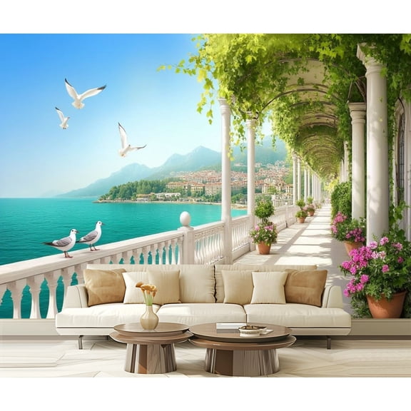 Peel and Stick Wallpaper Flower Corridor Seaside Town 3D Mural Self Adhesive Removable Peel Modern Art Wall Mural Decor Self Adhesive and Removable 69in x 98in