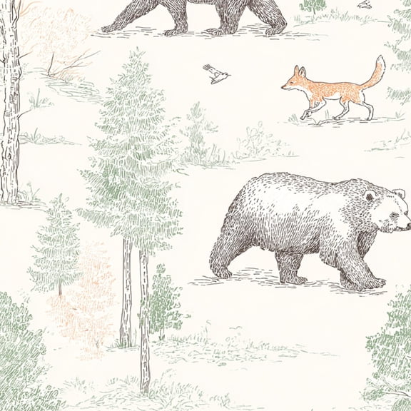 Peel and Stick Wallpaper Forest Wildlife Bears Foxes Birds Trees Hand Drawn Wall Mural 23.6in x 9.8ft Self Adhesive Removable Wall Paper Renter Friendly Wallpaper for Nursery Bedroom Cabinets