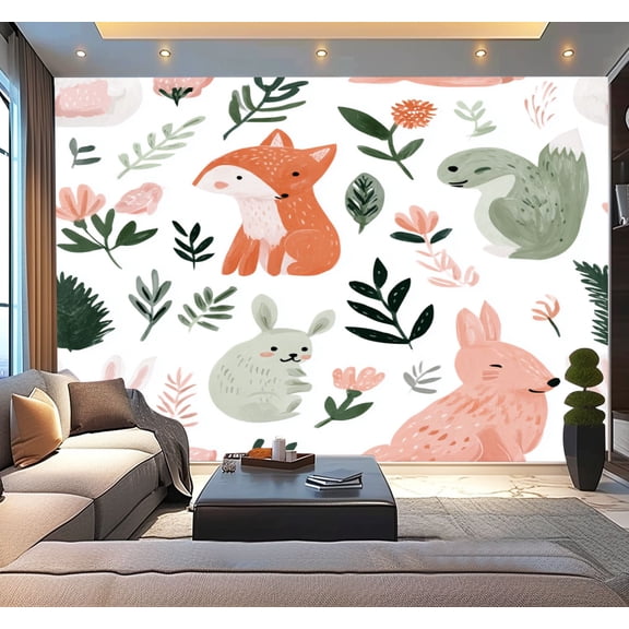 Peel and Stick Wallpaper Fox Hare Green Rabbits Birds Flowers Squirrels Branches Nature Modern Art Wall Mural Decor Self Adhesive and Removable 100in x 144in
