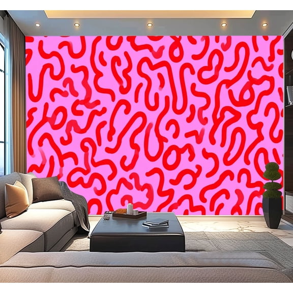 Peel and Stick Wallpaper Fun pink line doodle Creative abstract squiggle style drawing Modern Art Wall Mural Decor Self Adhesive and Removable 100in x 144in