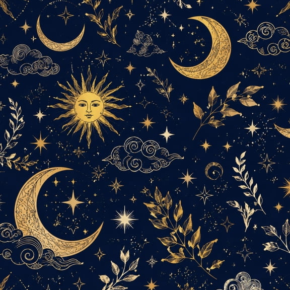 Peel and Stick Wallpaper Golden Celestial Sun Moon Stars Navy Blue Botanical Wall Mural 17.7in x 9.8ft Self Adhesive Removable Wall Paper Renter Friendly Wallpaper for Nursery Bedroom Cabinets