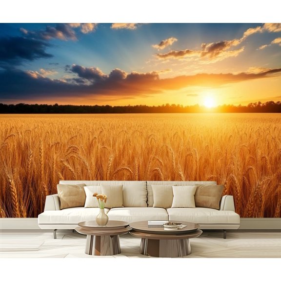 Peel and Stick Wallpaper Golden Wheat Field Sunset Agricultural Scene Setting Sun Dramatic Modern Art Wall Mural Decor Self Adhesive and Removable 69in x 98in