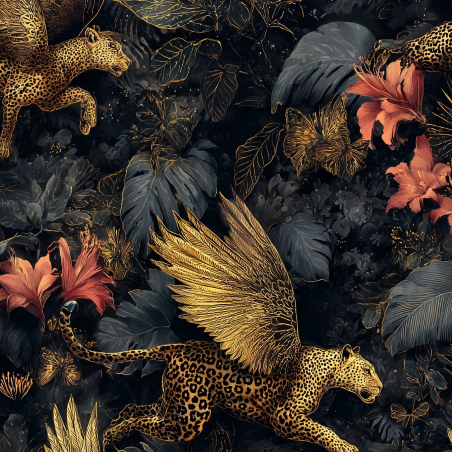 Peel and Stick Wallpaper Golden Winged Leopards Jungle Floral Tropical Leaves Wall Mural 17.7in x 9.8ft Self Adhesive Removable Wall Paper Renter Friendly Wallpaper for Nursery Bedroom Cabinets