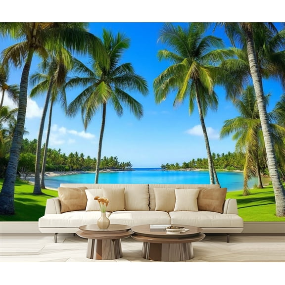 Peel and Stick Wallpaper Golf Course Landscape Miami Palm Trees Blue Sky Green Grass Water Body Modern Art Wall Mural Decor Self Adhesive and Removable 69in x 98in