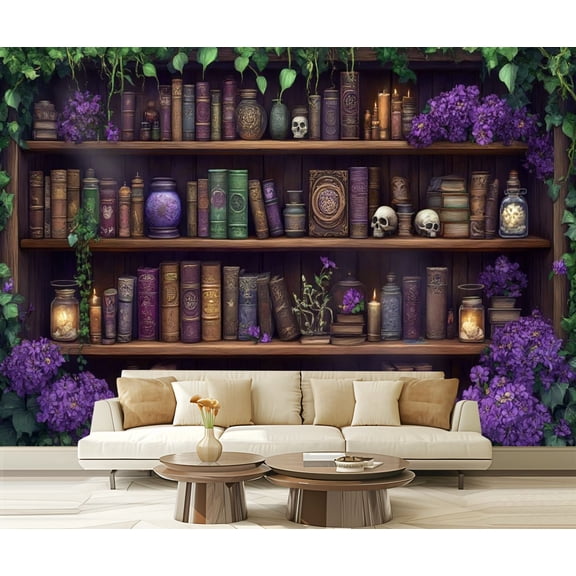 Peel and Stick Wallpaper Gothic Skull Witchy Spooky Goth Vintage Wizard Bookshelf Black Unique Modern Art Wall Mural Decor Self Adhesive and Removable 69in x 98in