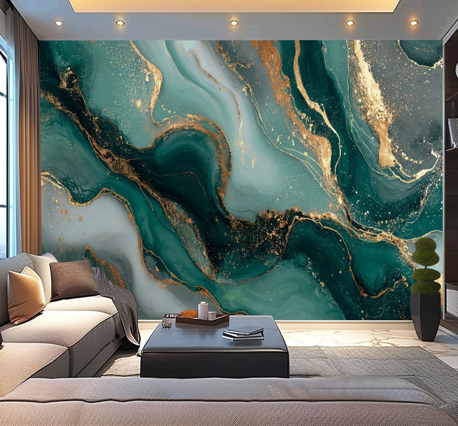 Peel and Stick Wallpaper Green Gold Abstract Marble Gold Foil Emerald Green Dark Green Modern Modern Art Wall Mural Decor Self Adhesive and Removable 100in x 144in
