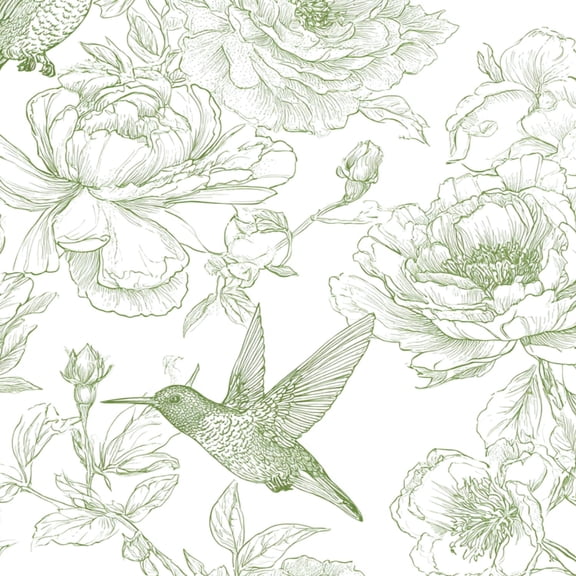 Peel and Stick Wallpaper Green Hummingbirds Peonies Botanical Line Art White Wall Mural 17.7in x 9.8ft Self Adhesive Removable Wall Paper Renter Friendly Wallpaper for Nursery Bedroom Cabinets