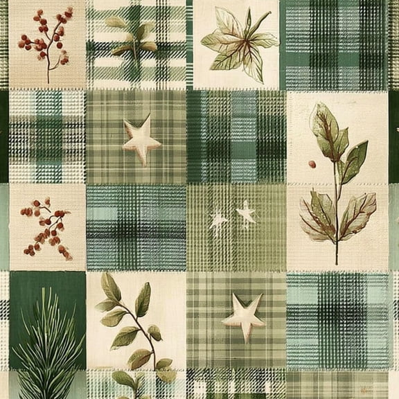 Peel and Stick Wallpaper Green Plaid Nature Inspired Patchwork Leaves Stars Wall Mural 23.6in x 9.8ft Self Adhesive Removable Wall Paper Renter Friendly Wallpaper for Nursery Bedroom Cabinets