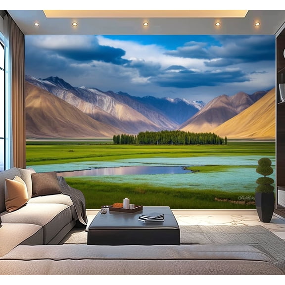 Peel and Stick Wallpaper HDR River Valley Himalayas Hunder Ladakh India Mountain Clouds Modern Art Wall Mural Decor Self Adhesive and Removable 100in x 144in