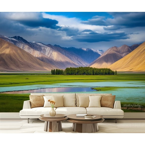 Peel and Stick Wallpaper HDR River Valley Himalayas Hunder Ladakh India Mountain Clouds Modern Art Wall Mural Decor Self Adhesive and Removable 69in x 98in