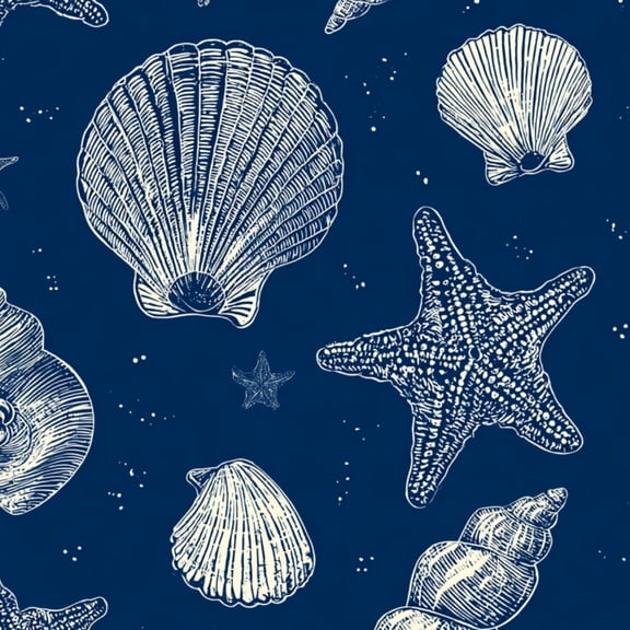 Peel and Stick Wallpaper Hand Drawn Seashells Starfish Dark Blue 24in x 118in Contact Paper Removable Self Adhesive Wall Mural Wall Decor for Bedroom Kitchen Cabinets