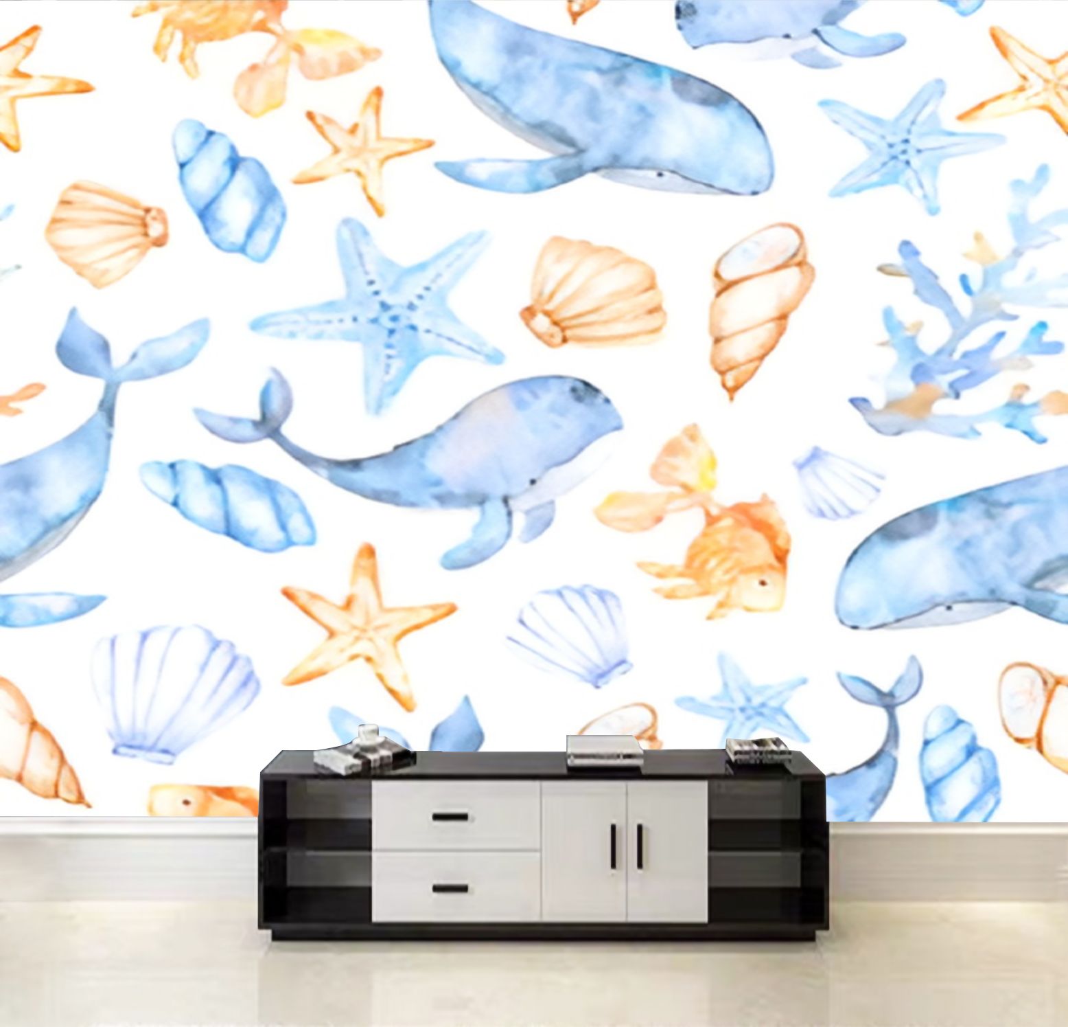 Peel and Stick Wallpaper Hand drawn watercolor sea pattern shells ...