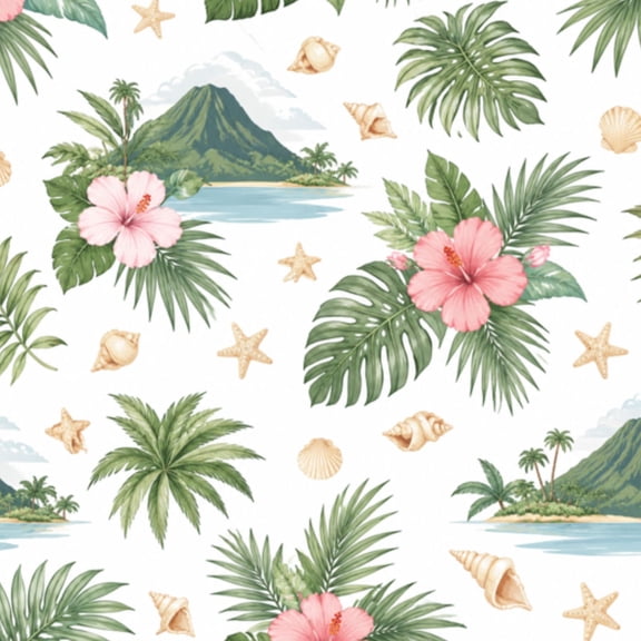 Tropical Shell Background Peel and Stick Wallpaper Tropical Coastal Blue Palm Tree Seashells ...