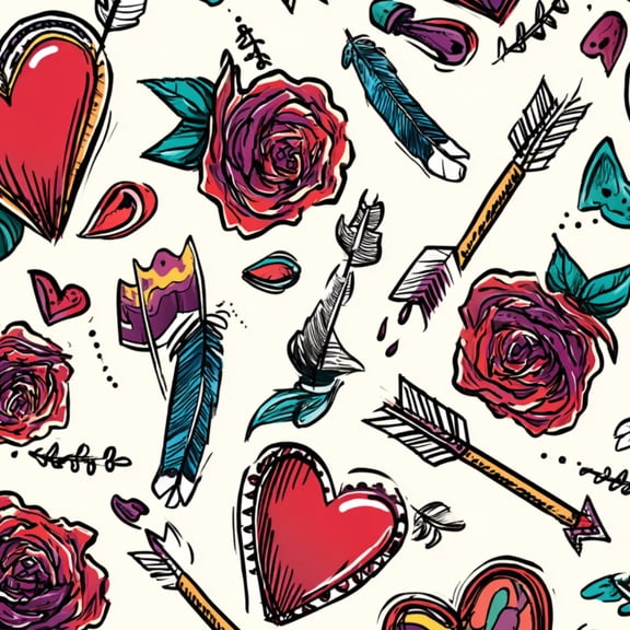 Peel and Stick Wallpaper Hearts Roses Arrows Feathers Seamless Hand Drawn Boho Style Wall Mural 17.7in x 9.8ft Self Adhesive Removable Wall Paper Renter Friendly Wallpaper for Nursery Bedroom