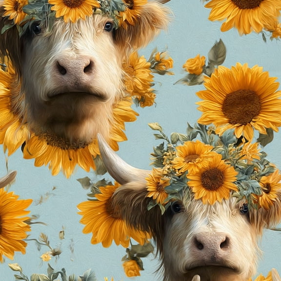 Peel and Stick Wallpaper Highland Cow Sunflower Crown Light Blue Wall Mural 17.7in x 9.8ft Self Adhesive Removable Wall Paper Renter Friendly Wallpaper for Nursery Bedroom Cabinets