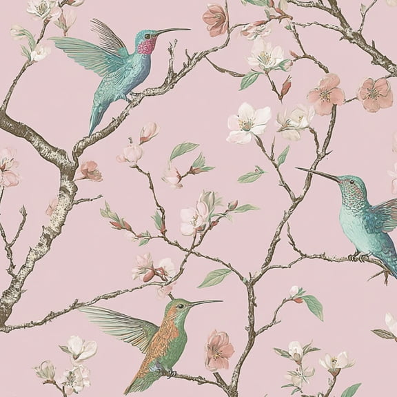 Peel and Stick Wallpaper Hummingbirds Cherry Blossom Branches Seamless Botanical Wall Mural 17.7in x 9.8ft Self Adhesive Removable Wall Paper Renter Friendly Wallpaper for Nursery Bedroom Cabinets