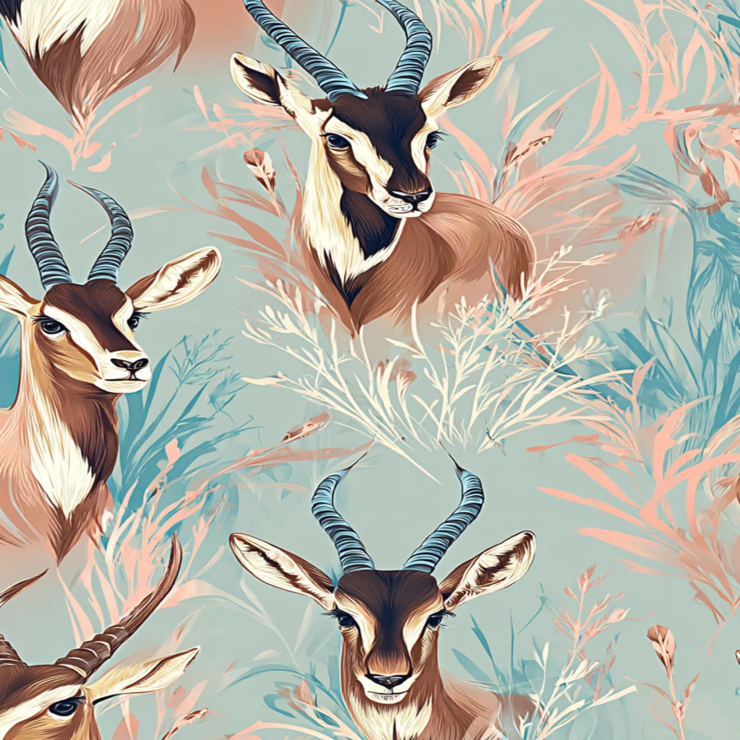 Peel and Stick Wallpaper Hunting Wildlife Antelope Botanical Pastel Blue Peach Wall Mural 17.7in x 9.8ft Self Adhesive Removable Wall Paper Renter Friendly Wallpaper for Nursery Bedroom Cabinets