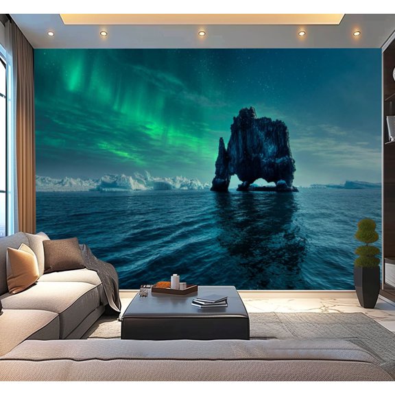 Peel and Stick Wallpaper Hvitserkur landscape night beautiful Northern Lights Iceland Modern Art Wall Mural Decor Self Adhesive and Removable 100in x 144in
