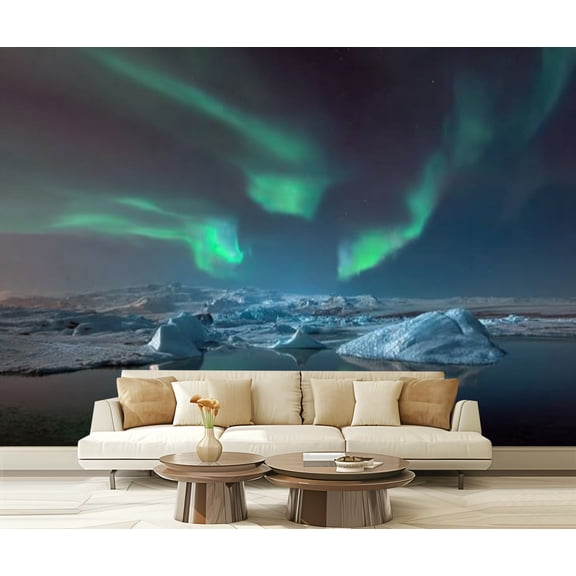 Peel and Stick Wallpaper above Iceland Jokulsarlon glacier lagoon Iceland Green Night winter Modern Art Wall Mural Decor Self Adhesive and Removable 69in x 98in
