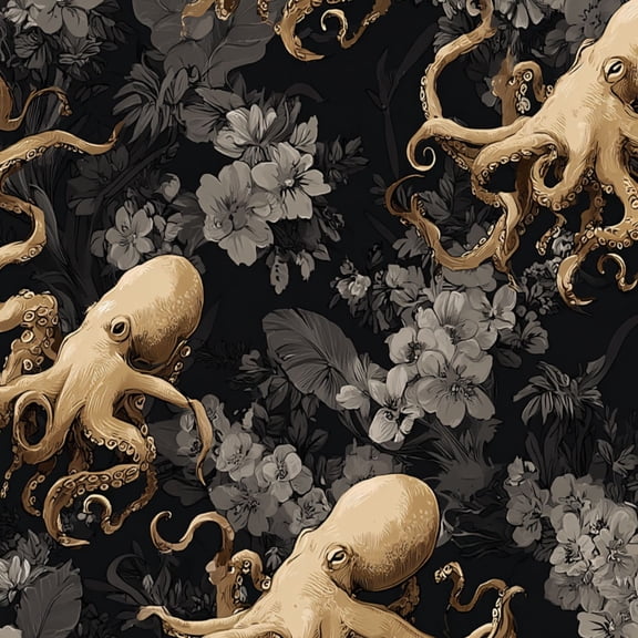 Peel and Stick Wallpaper Intricate Octopus Floral Monochrome Tones Wall Mural 17.7in x 9.8ft Self Adhesive Removable Wall Paper Wall Paper for Bedroom Kitchen Cabinets Decoration Vinyl