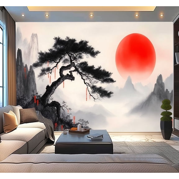 Peel and Stick Wallpaper Japanese Landscape Mural Ink Painting Mountains Red Sun Art Japanese Modern Art Wall Mural Decor Self Adhesive and Removable 100in x 144in