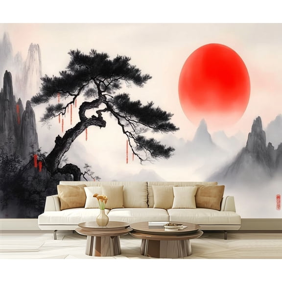 Peel and Stick Wallpaper Japanese Landscape Mural Ink Painting Mountains Red Sun Art Japanese Modern Art Wall Mural Decor Self Adhesive and Removable 69in x 98in