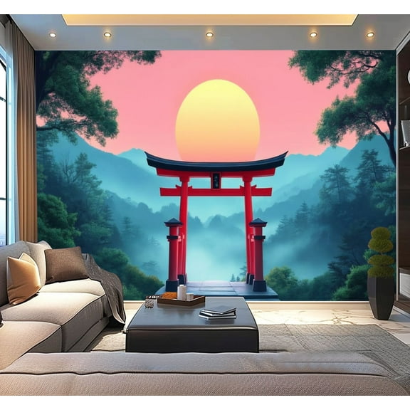 Peel and Stick Wallpaper Japanese Torii Gate Sunrise Mountain Landscape Zen Nature Art Mural Modern Art Wall Mural Decor Self Adhesive and Removable 100in x 144in