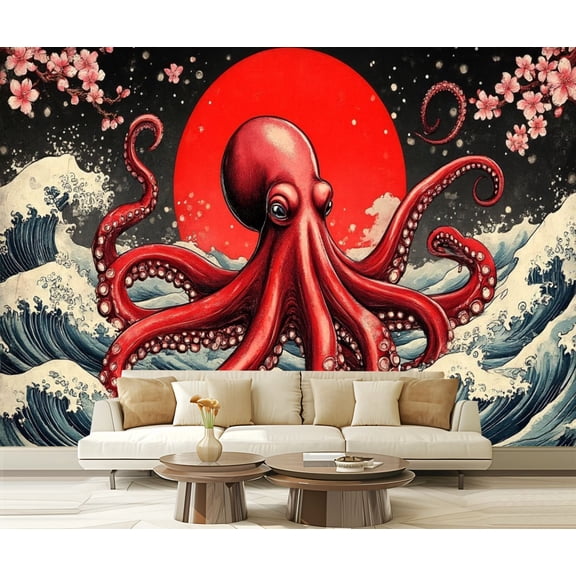 Peel and Stick Wallpaper Japanese Wave Japanese Traditional 3D Wall Murals Ocean Octopus Living Modern Art Wall Mural Decor Self Adhesive and Removable 69in x 98in