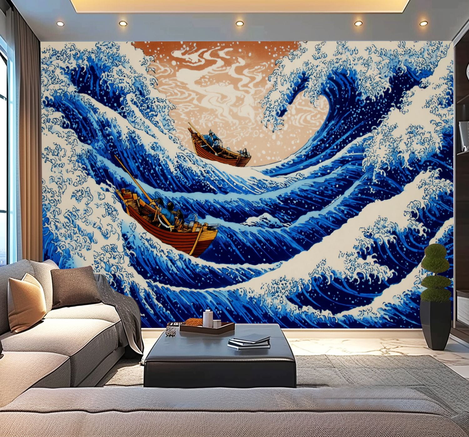 Peel and Stick Wallpaper Off Kanagawa Mount Boats Ocean Waves Seafoam Woodblock Print Modern Art Wall Mural Decor Self Adhesive and Removable 100in x 144in