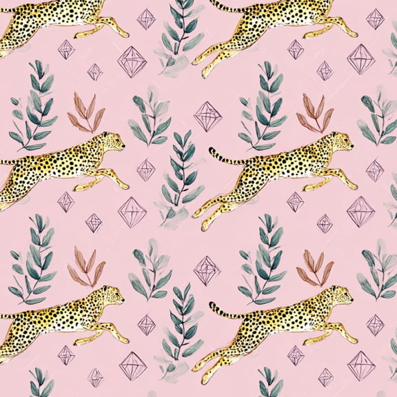 Peel and Stick Wallpaper Leaping Cheetahs Greenery Diamond Patterns Pink Wall Mural 17.7in x 9.8ft Self Adhesive Removable Wall Paper Renter Friendly Wallpaper for Nursery Bedroom Cabinets