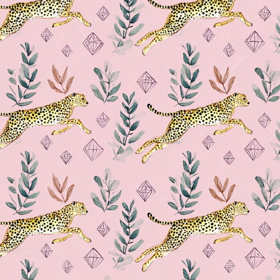 Peel and Stick Wallpaper Leaping Cheetahs Greenery Diamond Patterns Pink Wall Mural 23.6in x 9.8ft Self Adhesive Removable Wall Paper Renter Friendly Wallpaper for Nursery Bedroom Cabinets
