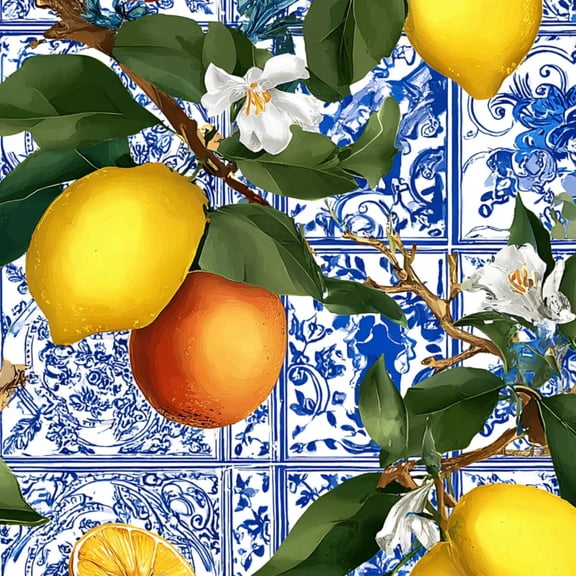 Peel and Stick Wallpaper Lemon Orange Tree Branches White Blossoms Blue Tile Wall Mural 17.7in x 9.8ft Self Adhesive Removable Wall Paper Renter Friendly Wallpaper for Nursery Bedroom Cabinets