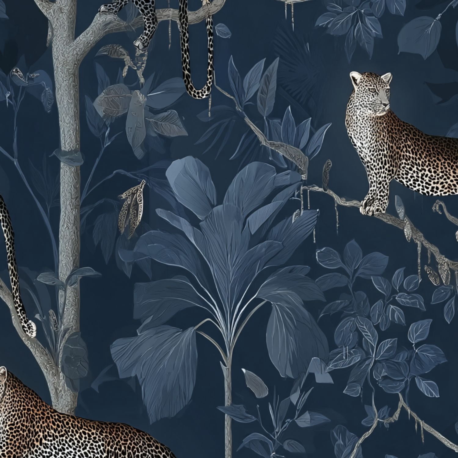 Peel and Stick Wallpaper Leopard Jungle Dark Blue Foliage Exotic Plants Wall Mural 23.6in x 9.8ft Self Adhesive Removable Wall Paper Renter Friendly Wallpaper for Nursery Bedroom Cabinets