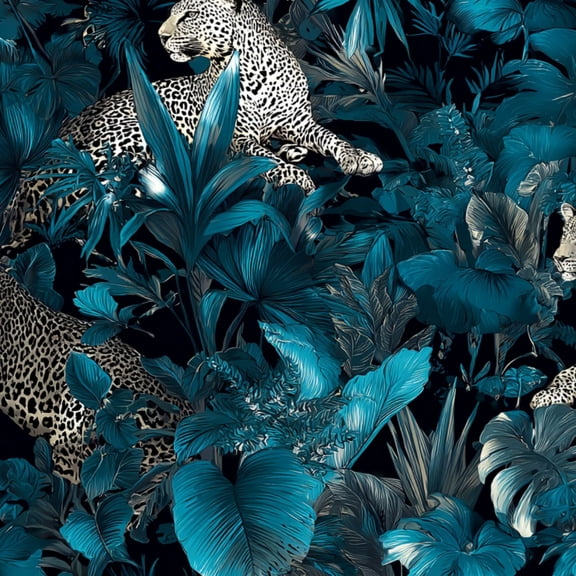 Peel and Stick Wallpaper Leopard Jungle Dark Teal Tropical Leaves Exotic Wall Mural 17.7in x 9.8ft Self Adhesive Removable Wall Paper Renter Friendly Wallpaper for Nursery Bedroom Cabinets