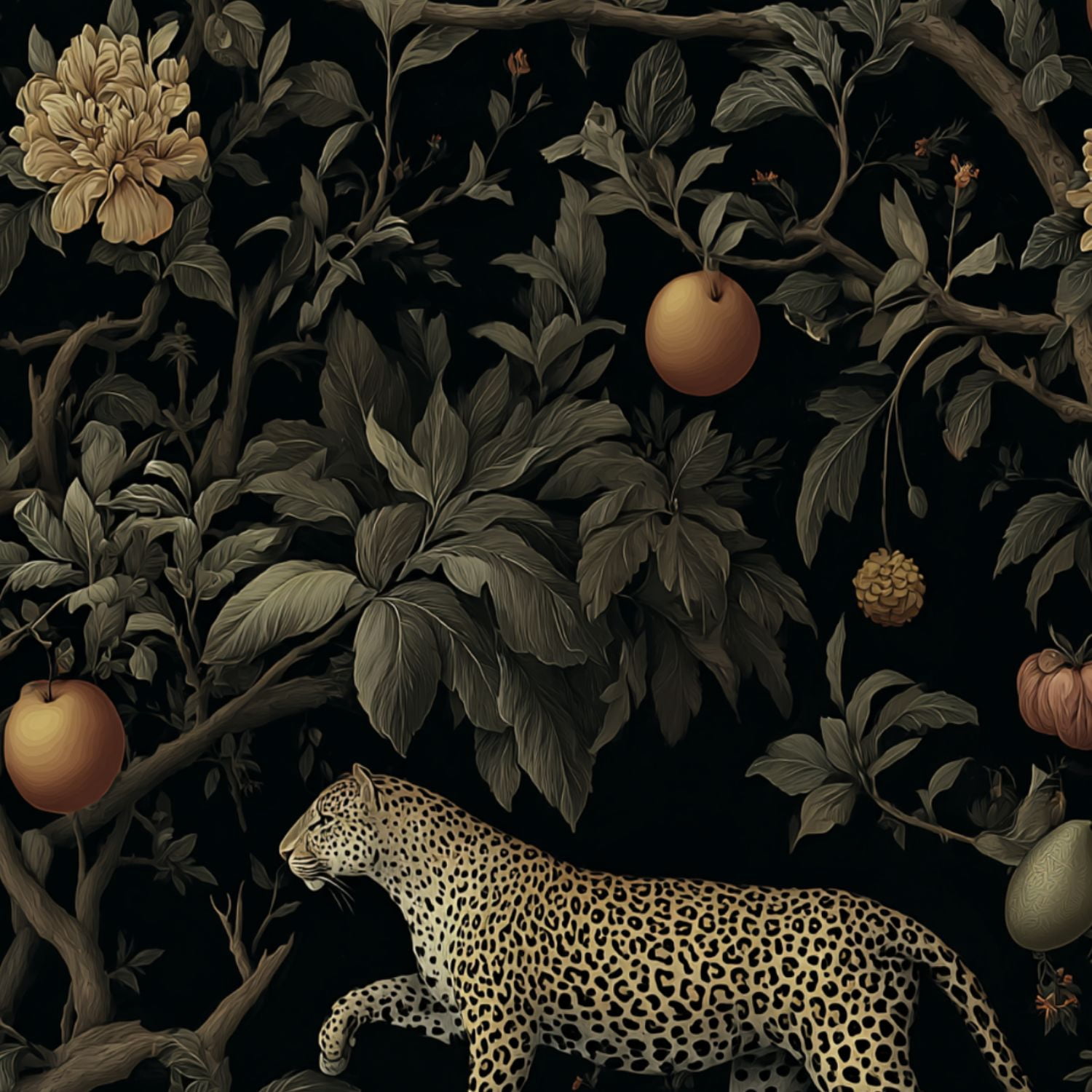 Peel and Stick Wallpaper Leopard Walking Among Fruits Flowers Botanical Garden Wall Mural 17.7in x 9.8ft Self Adhesive Removable Wall Paper Renter Friendly Wallpaper for Nursery Bedroom Cabinets