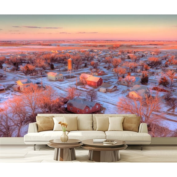 Peel and Stick Wallpaper Letcher South Winter South Rural Scene Aerial View Farm City Snow Modern Art Wall Mural Decor Self Adhesive and Removable 69in x 98in