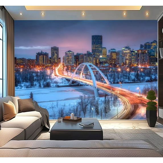 Peel and Stick Wallpaper Light trails from rush hour traffic light up Walterdale Bridge Modern Art Wall Mural Decor Self Adhesive and Removable 100in x 144in