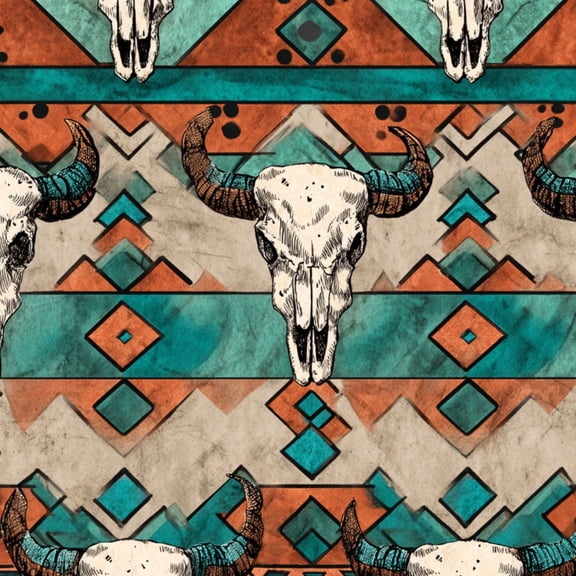 Peel and Stick Wallpaper Longhorn Skull Geometric Tribal Teal Rust Southwestern Wall Mural 17.7in x 9.8ft Self Adhesive Removable Wall Paper Renter Friendly Wallpaper for Nursery Bedroom Cabinets
