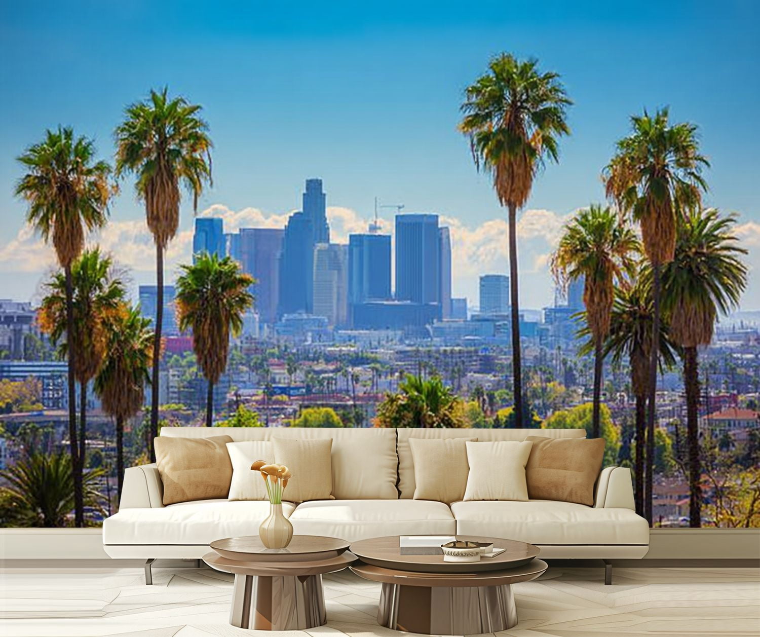 Peel and Stick Wallpaper Los Angeles Skyline Backlit Aerial Vivid Green ...