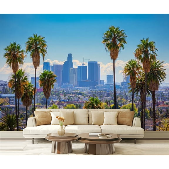 Peel and Stick Wallpaper Los Angeles Skyline Backlit Aerial Vivid Green Palm Trees Modern Art Wall Mural Decor Self Adhesive and Removable 69in x 98in