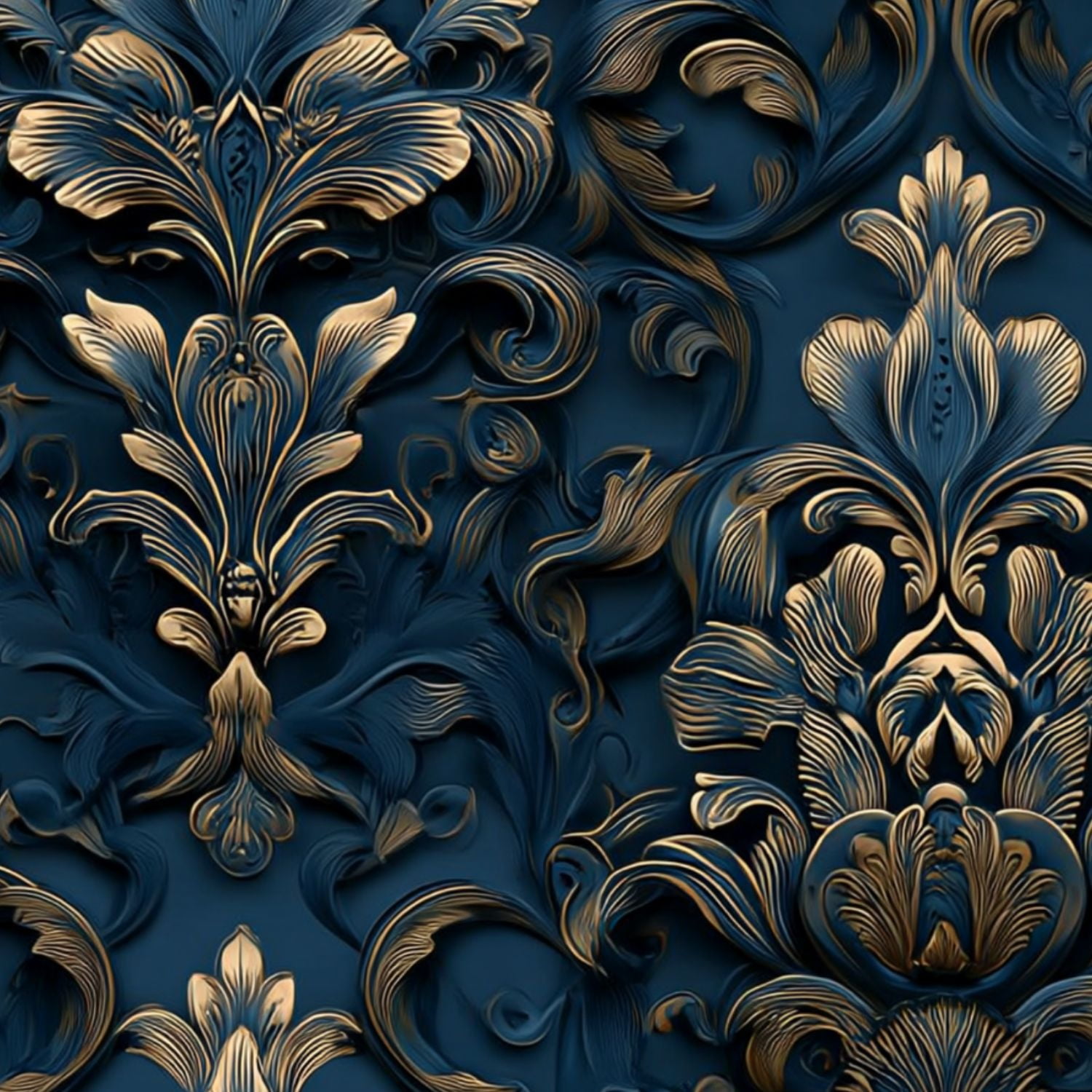 Peel and Stick Wallpaper Luxurious Baroque Floral Deep Blue Gold Embossed Style Wall Mural 17.7in x 9.8ft Self Adhesive Removable Wall Paper Renter Friendly Wallpaper for Nursery Bedroom Cabinets