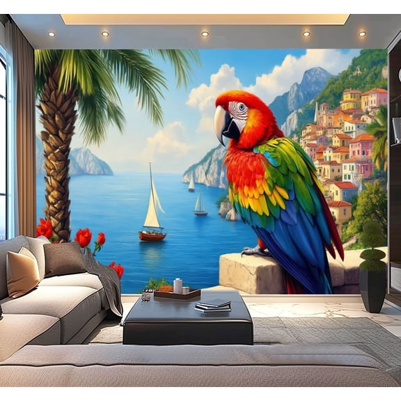Peel and Stick Wallpaper Macaw Parrot Coastal Mediterranean 3d Wall Murals Sunset Seaside Modern Art Wall Mural Decor Self Adhesive and Removable 100in x 144in