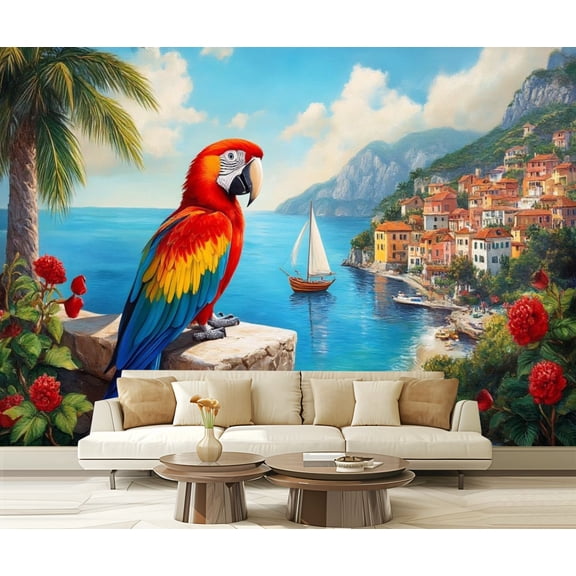 Peel and Stick Wallpaper Macaw Parrot Coastal Mediterranean 3d Wall Murals Sunset Seaside Modern Art Wall Mural Decor Self Adhesive and Removable 69in x 98in