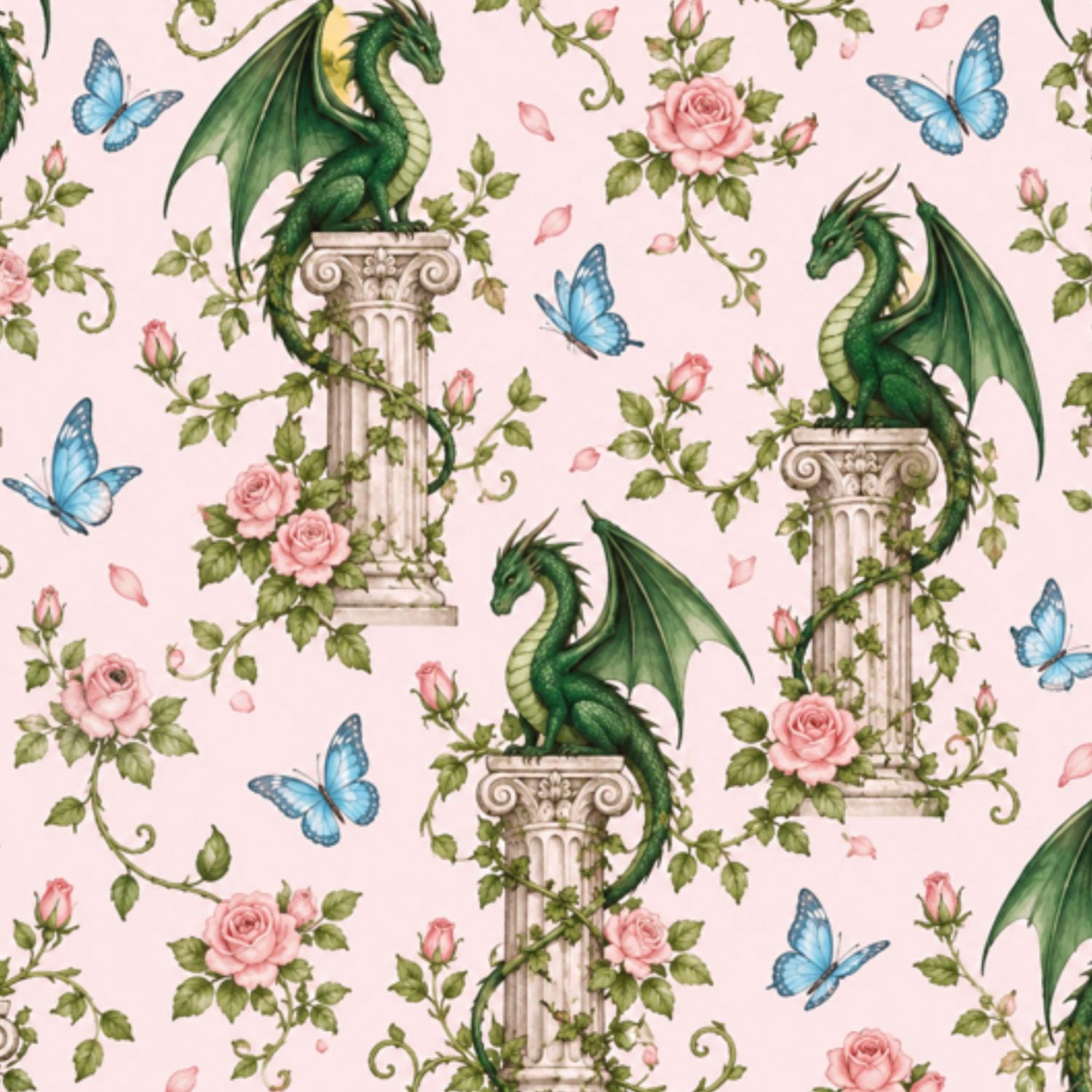 Peel and Stick Wallpaper Majestic Black Dragon Pink Roses Butterflies ...