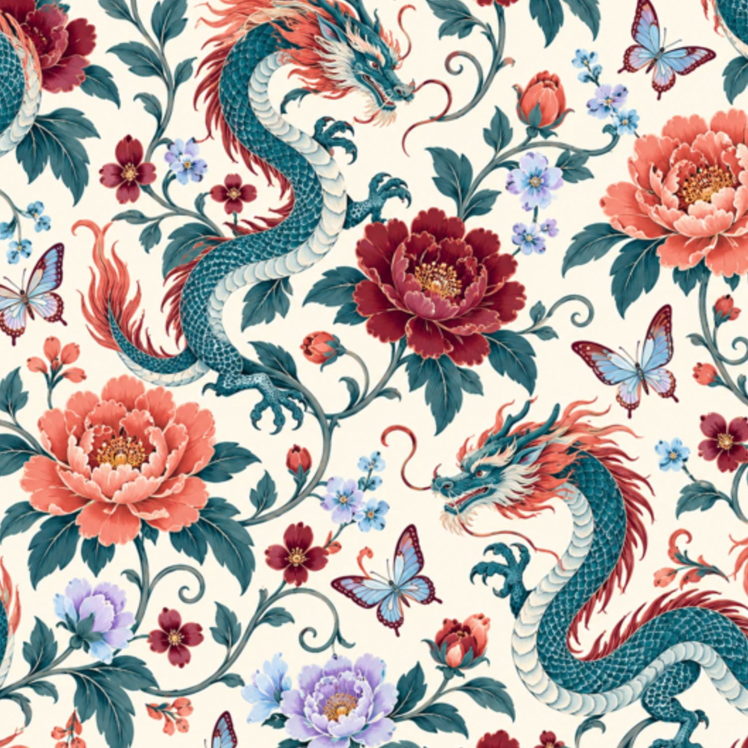Peel and Stick Wallpaper Majestic Dragon floral Among Colorful Blossoms ...