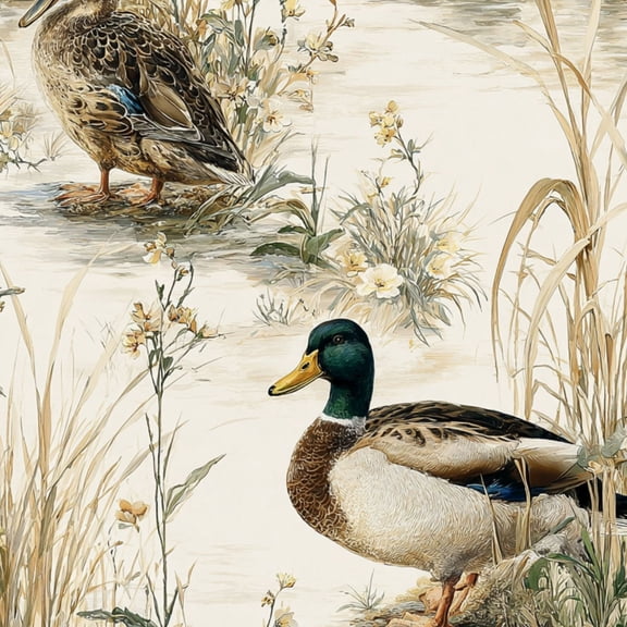 Peel and Stick Wallpaper Mallard Ducks Floral Landscape vintage Earth Tones Wall Mural 23.6in x 9.8ft Self Adhesive Removable Wall Paper Renter Friendly Wallpaper for Bedroom Livingroom Office Studio