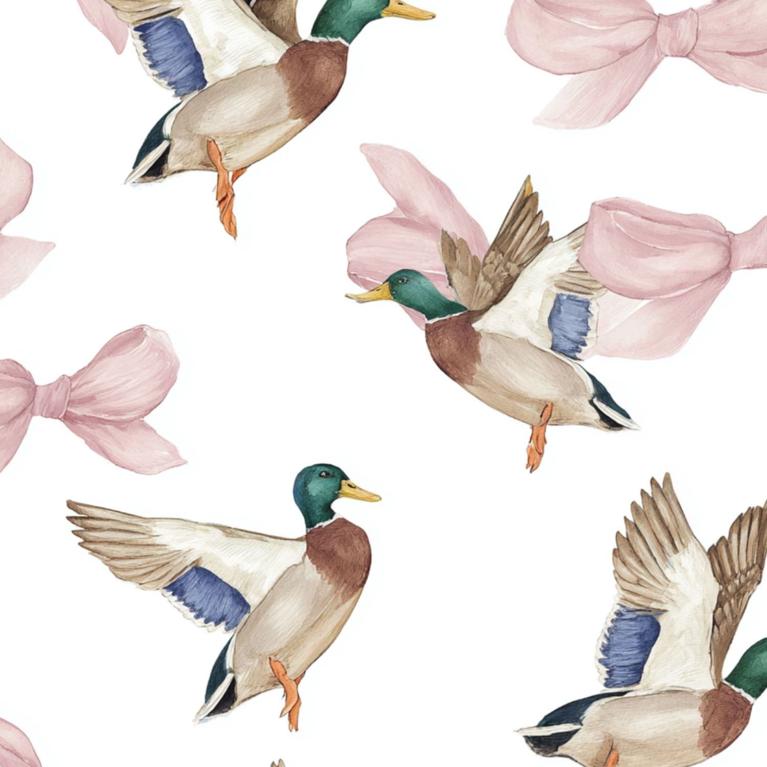 Peel and Stick Wallpaper Mallard Ducks Pink Bows Watercolor Soft Pastel Tones Wall Mural 23.6in x 9.8ft Self Adhesive Removable Wall Paper Renter Friendly Wallpaper for Nursery Bedroom Cabinets