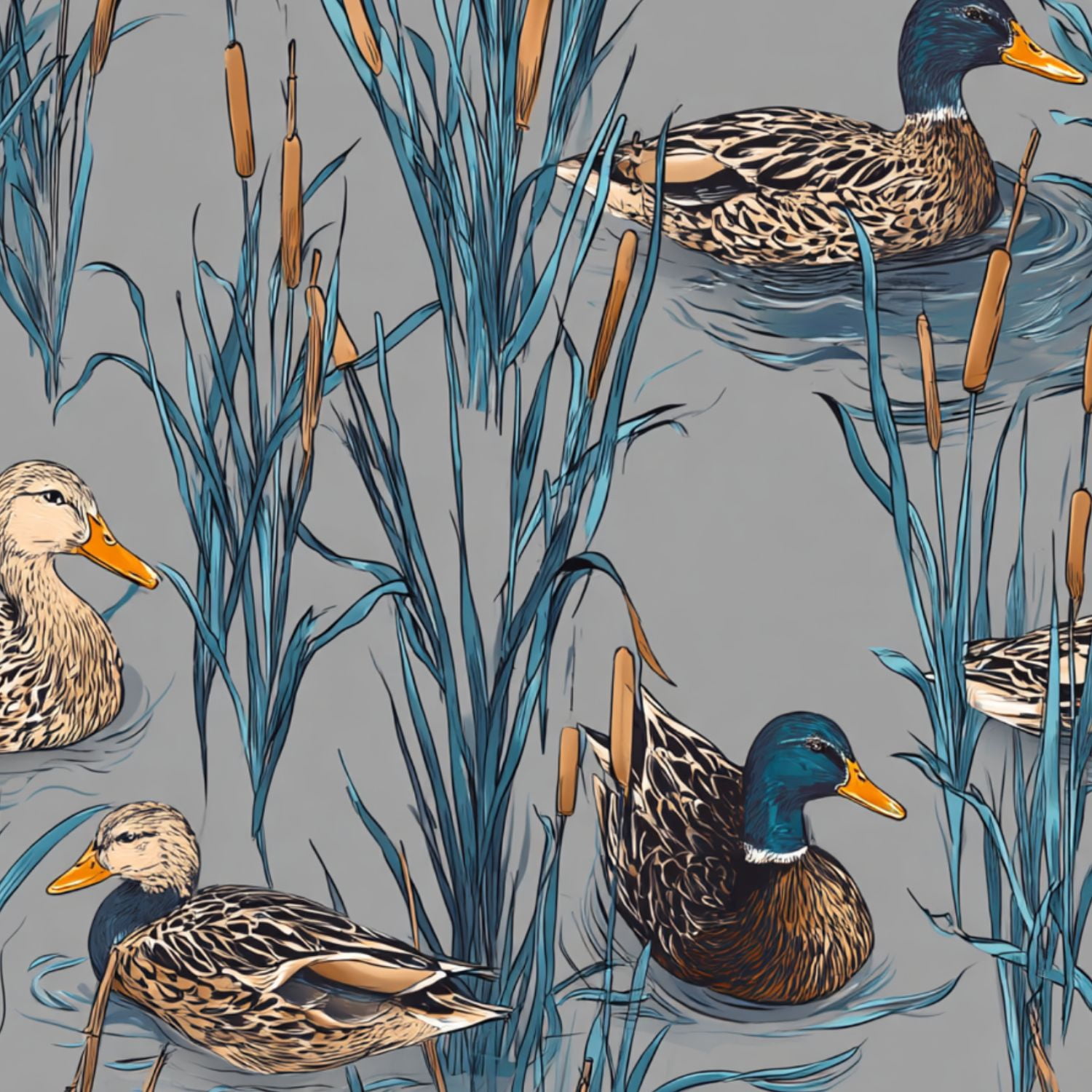 Peel and Stick Wallpaper Mallard Ducks Swimming Among Cattails Nature Blue Brown Wall Mural 17.7in x 9.8ft Self Adhesive Removable Wall Paper Renter Friendly Wallpaper for Nursery Bedroom Cabinets