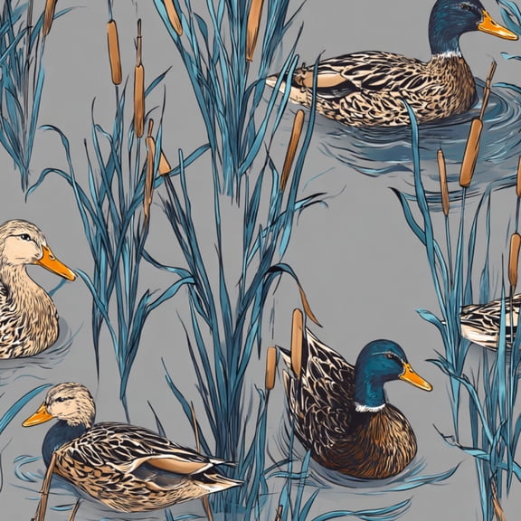 Peel and Stick Wallpaper Mallard Ducks Swimming Among Cattails Nature Blue Brown Wall Mural 17.7in x 9.8ft Self Adhesive Removable Wall Paper Renter Friendly Wallpaper for Nursery Bedroom Cabinets